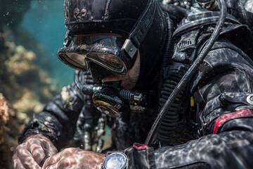 Diver checking scuba gear before underwater exploration, focused and prepared for adventure