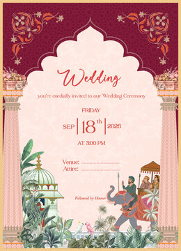 Mughal style wedding invitation floral patterns, traditional architecture, and an elegant elephant procession, inviting guests to a ceremony.