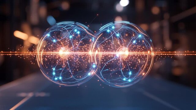 Illustration of quantum teleportation with two entangled particles sharing information instantly over a distance