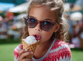 A young girl wearing sunglasses eats an ice cream cone with chocolate and marshmallow toppings while lying in the park.