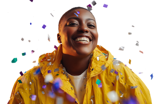 Joyful Black woman in yellow jacket amidst confetti.