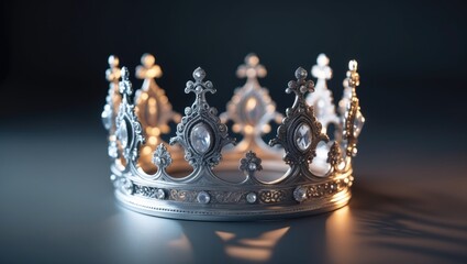 Silver crown with jewels illuminated, elegance and royalty, regal ornament, luxury and sophistication, symbol of power and prestige, royal regalia.