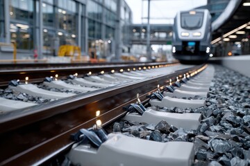 Naklejka premium A contemporary train approaches a station, illuminated tracks reflecting the advancements in railway design and lighting, symbolizing innovation in public transportation systems.
