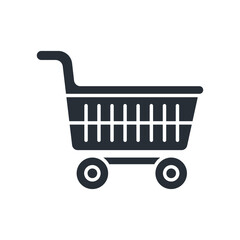 Shopping cart with wheels and basket flat icon. Food shopping and e-commerce. Isolated vector illustration