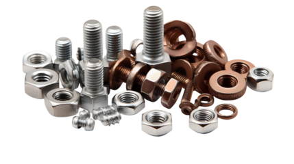 A detailed close up of a pile of assorted nuts bolts and washers on display