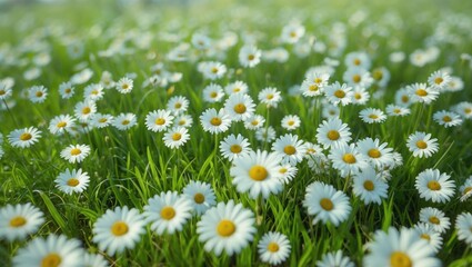 Daisy flowers in a green field, abundant and blooming. Nature and floral, concept. Garden and outdoor. The concept of spring and natural beauty.