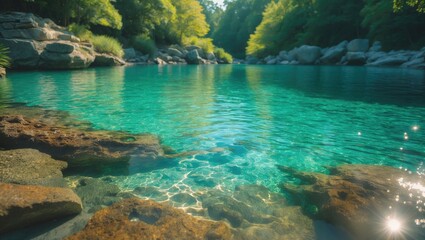 Clear river water flowing through lush green trees and rocks. Nature and outdoor scene. The image of tranquility and natural beauty.