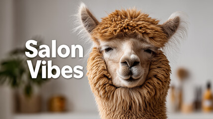 Fototapeta premium Alpaca in a room with text salon vibes