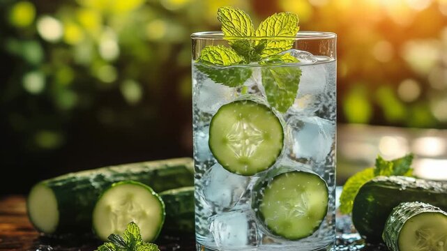 A cinematic shot of refreshing cucumber mint water, the perfect visual for promoting a healthy lifestyle and spa wellness.