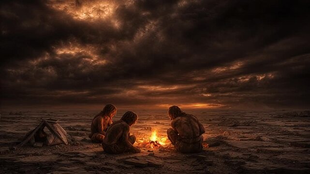Slow-motion shot of cavemen huddled around dying fire in vast empty ash-covered wasteland thick black plume completely covering sky extremely dark atmosphere emphasizing isolation and scarcity of
