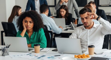 Stressed employees in busy office with laptops and coffee cups during teamwork session