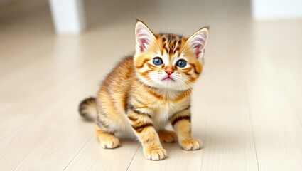 Small tabby kitten with blue eyes sitting on a light wood floor looking directly at the camera | international cat day