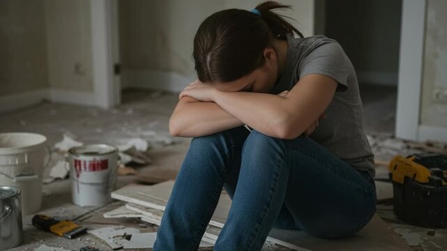 Sad woman sitting on the floor, feeling overwhelmed and stressed during a difficult home renovation. Exhausted female homeowner in a messy room under construction.