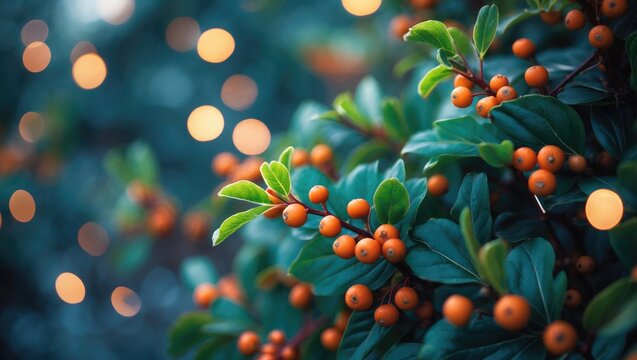 Bright holly leaves with orange berries, festive decoration with bokeh lights in the background. Christmas and holiday season. Nature and winter celebration.