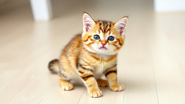 Small tabby kitten with blue eyes sitting on a light wood floor looking directly at the camera | international cat day