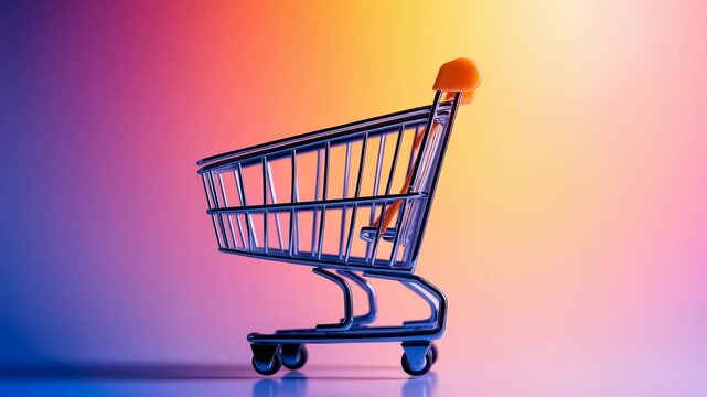 A modern e-commerce shopping cart on a vibrant gradient, a clean commercial background for driving online sales and retail promotions.