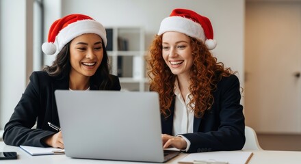 Joyful office holiday collaboration: diverse colleagues in santa hats working smiling
