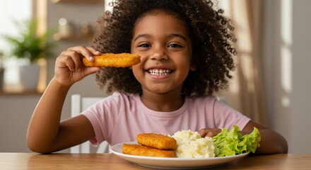 Joyful girl enjoying a nutritious fish stick meal with potatoes and lettuce at home