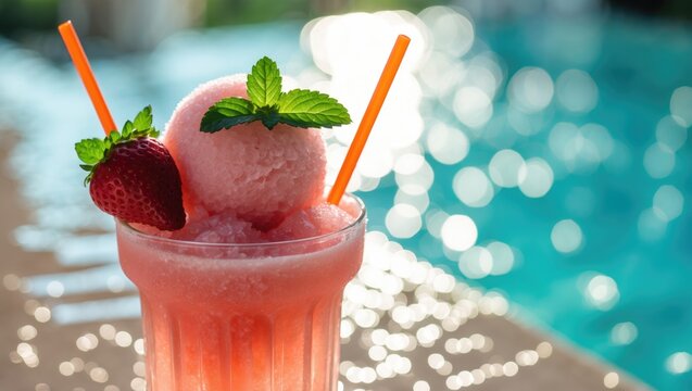 A refreshing strawberry and mint frozen drink in a glass with straws, placed outdoors near a pool with bokeh light effects.