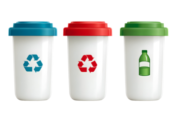 Three White Recycling Bins with Color Coded Lids and Symbols