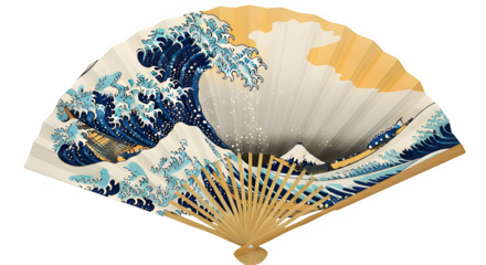 Traditional Japanese fan depicting ocean waves and Mount Fuji  isolate