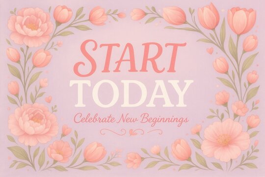 Inspirational floral illustration featuring pink flowers and green leaves with the motivational text "Start Today, Celebrate New Beginnings" on a light purple background.