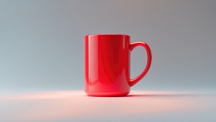 Red mug on a plain surface with a neutral background.