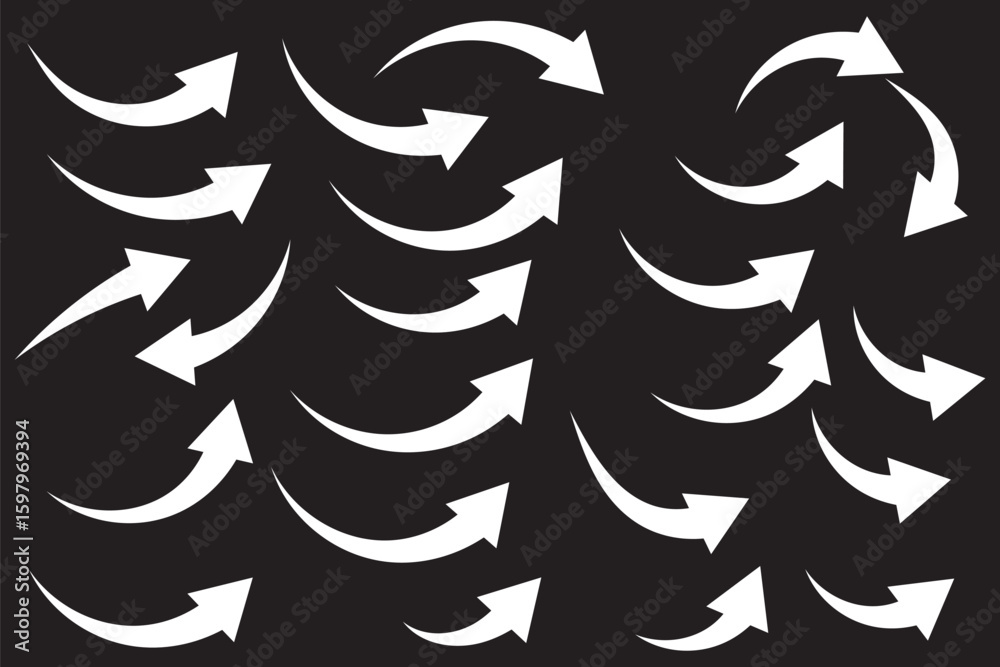 Poster collection of curved arrows. set simple curved hand drawn arrows. collection of pointers.