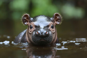 Fototapeta premium Cute hippopotamus in water, nature wildlife portrait of young animal swimming