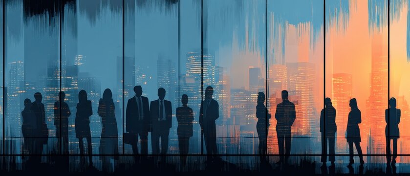 Silhouettes of business people standing against a city skyline at dusk, blending cool and warm tones with a digital glitch effect.