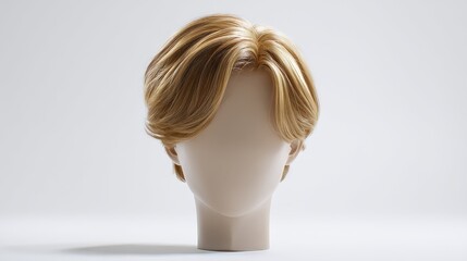 A realistic blond wig styled on a faceless mannequin head against a plain white background.