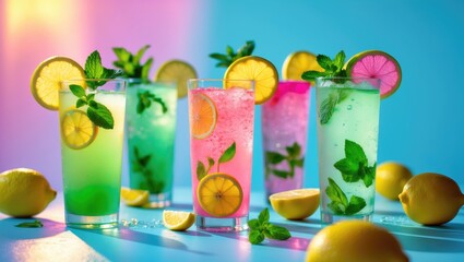 Fototapeta premium Colorful lemon and mint drinks in tall glasses with lemon slices, mint leaves, and vibrant background. Refreshing beverages, summer, and cold drinks, concept. Beverages and citrus drinks.