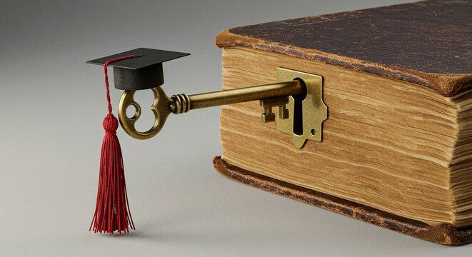 A symbolic representation of education unlocking knowledge, featuring a key with a graduation cap unlocking a book.