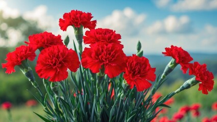 Cluster of red carnations in a garden with a bright sky and greenery in the background.