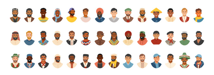 Set of men's portraits of different world ethnicities. Concept of equality, diversity, inclusivity. Vector illustration cliparts in flat style.