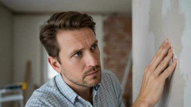 Focused man feeling the texture of fresh drywall plaster. Meticulous homeowner inspecting a wall during a DIY home improvement project.