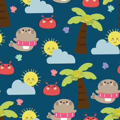 Seamless cartoon seal pattern with summer and other shades. Cute summer wallpaper for fabric prints, wrapping paper.