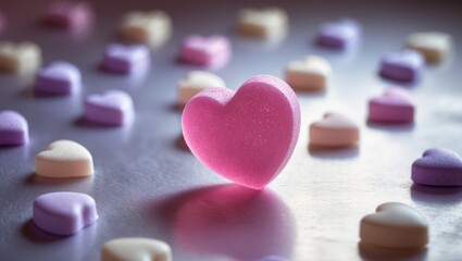 Pink heart-shaped candy among small pastel-colored heart candies. Sugar sweets, love and affection, sweet treats, confectionery, or Valentine's Day theme.