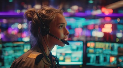 A focused woman wearing a headset monitors multiple digital screens in a high-tech control room with vibrant colorful lights.