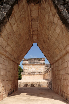 Archways within the Quadrangle of the Nuns in the ancient Mayan city of Uxmal, Yucatan, Mexico. Puuc architecture, Mayan vaults, vertical view