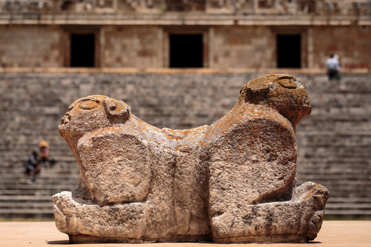 Throne of the two-headed jaguar. In the background is the Palacio del Gobernador or Governor's Palace, in the Ancient Mayan city of Uxmal, Yucat&aacute;n, Mexico. Horizontal view