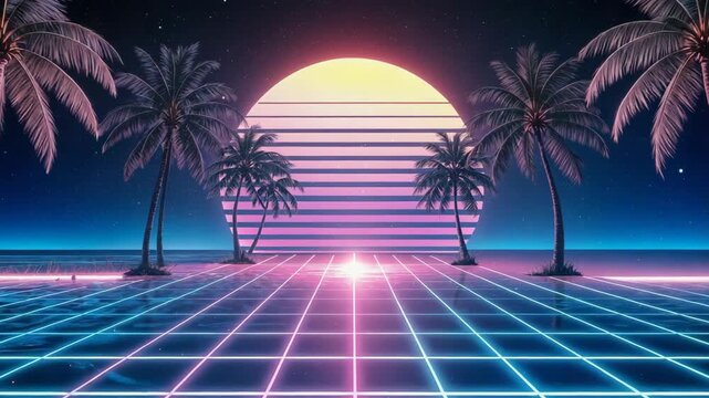 Synthwave retro futuristic palms and 80s style big sun shining.