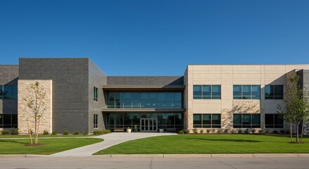 Modern architecture of a business building exterior on a sunny day with blue sky
