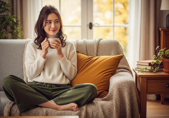 秋の季節、自宅のソファで温かいコーヒーを味わうニット姿の女性のくつろぎ時間