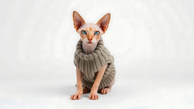 Hairless cat with blue eyes wearing a gray sweater sitting on a white background looking forward | international cat day