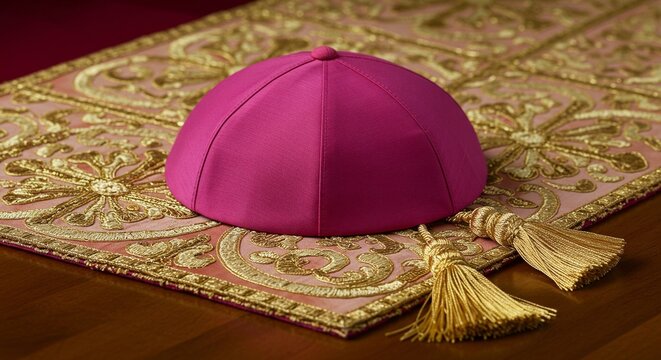 Elegant pink zucchetto with golden tassels on a pink and gold embroidered cloth on a dark surface. Luxurious and regal.