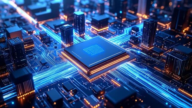 Futuristic circuit board city with glowing pathways and central processor unit visualization
