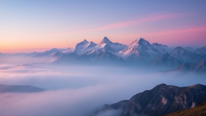 Majestic mountain range at sunrise with clouds and mist. Nature and landscape scene, serene and tranquil atmosphere.