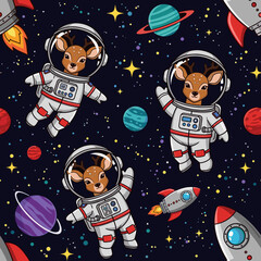 Fototapeta premium Cute deer astronauts in space: seamless pattern for kids' apparel, fabric, or wallpaper.