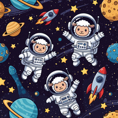 Adorable sheep astronauts floating in space, perfect for children's books, textiles, or space-themed projects.